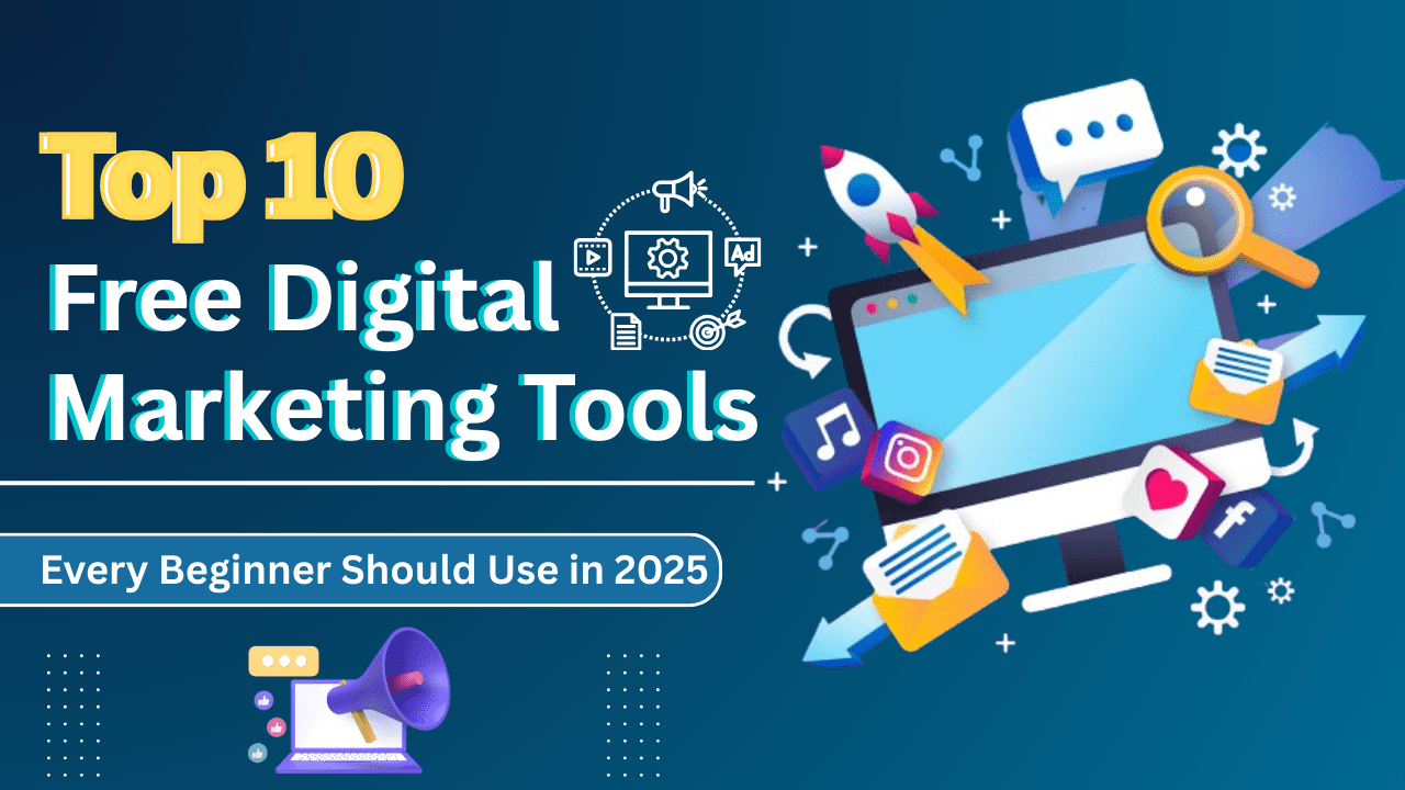 An overview of essential free digital marketing tools like Canva, Google Analytics, and Mailchimp for 2025.