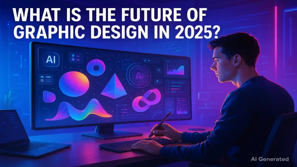 Futuristic workspace of a young graphic designer working on digital design trends of 2025 using AI-powered tools and holographic screens.