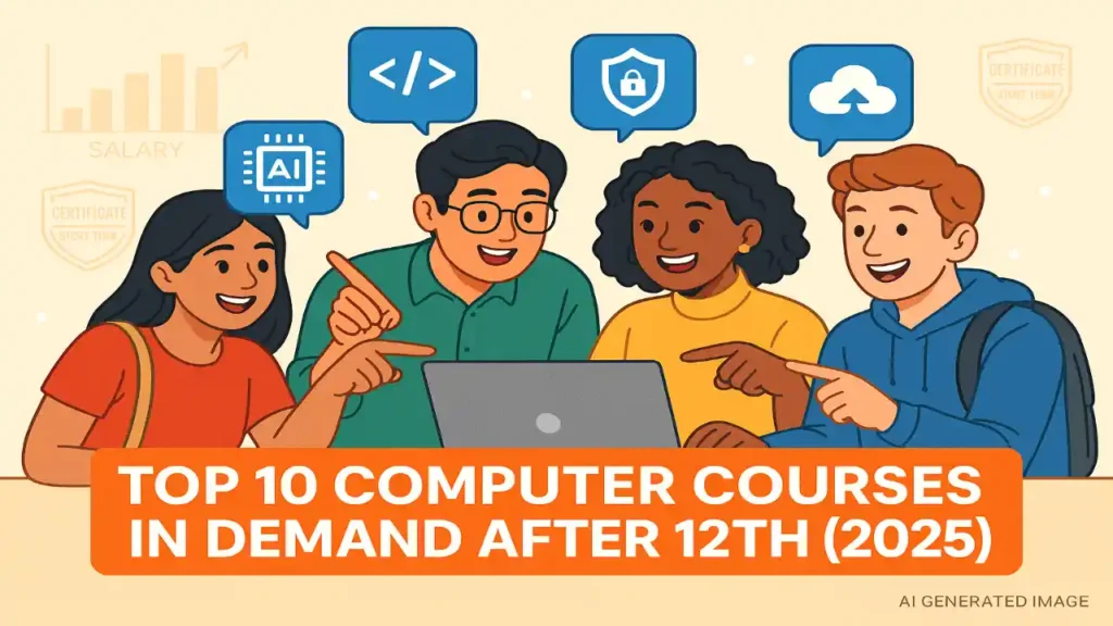 Students exploring top 10 computer courses in demand after 12th with icons of AI, web development and cybersecurity