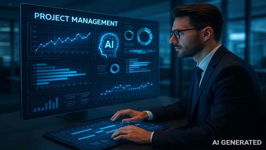 Project manager using AI tools on a laptop with clean minimal icons in a light professional background.