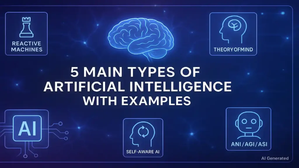 AI banner showing the 5 main types of artificial intelligence with examples in a futuristic design