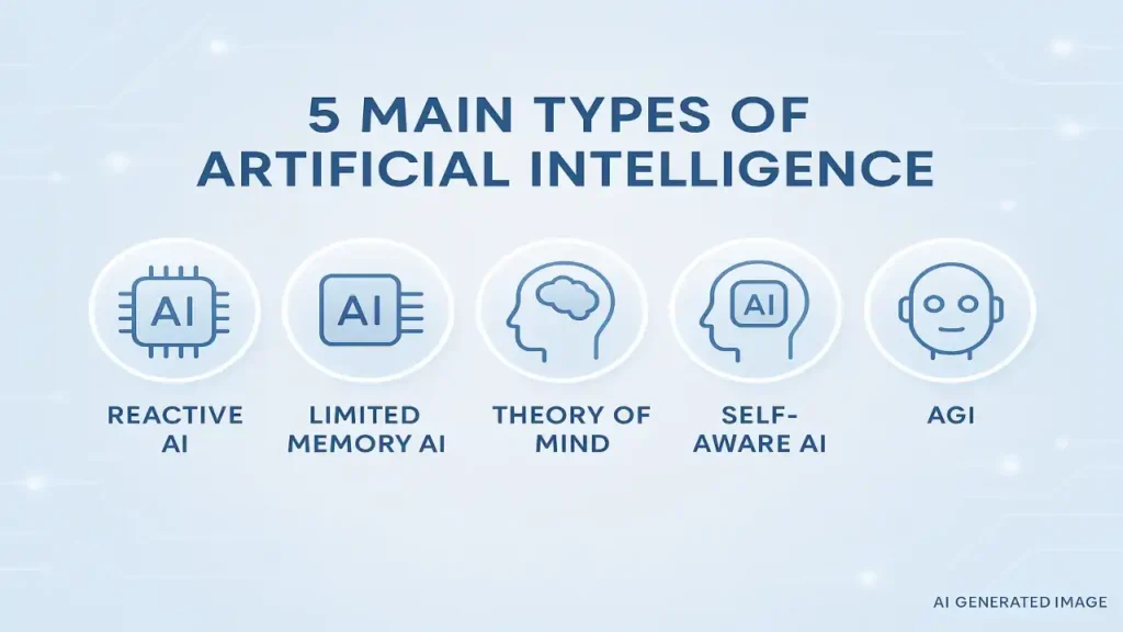 Illustration showing the 5 main types of artificial intelligence with examples, including reactive AI, limited memory AI, theory of mind, self-aware AI, and AGI, displayed with simple icons on a light blue background.