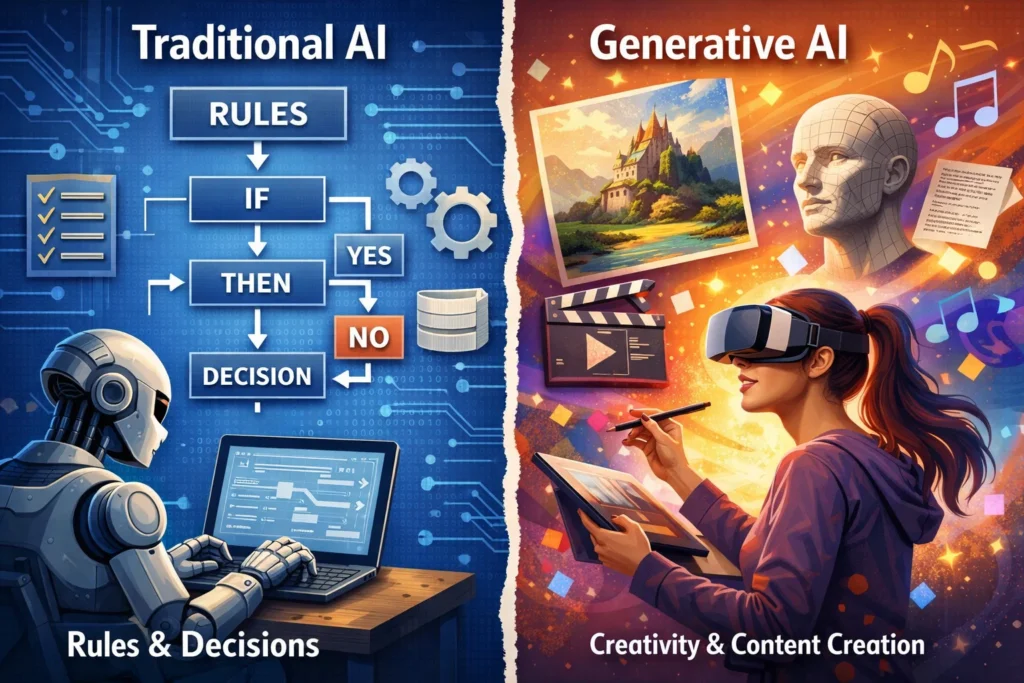 Generative AI vs traditional AI showing decision making and content creation