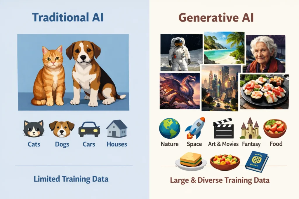 Difference between how generative AI works and how traditional AI works