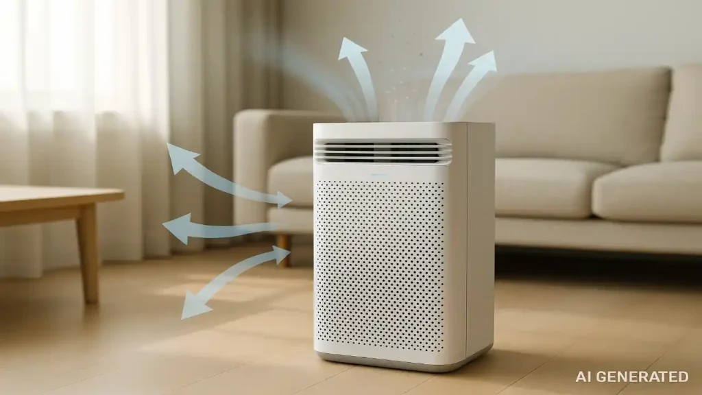 "Modern air purifier showing airflow directions inside a living room, explaining how air purifier works in a simple visual way.