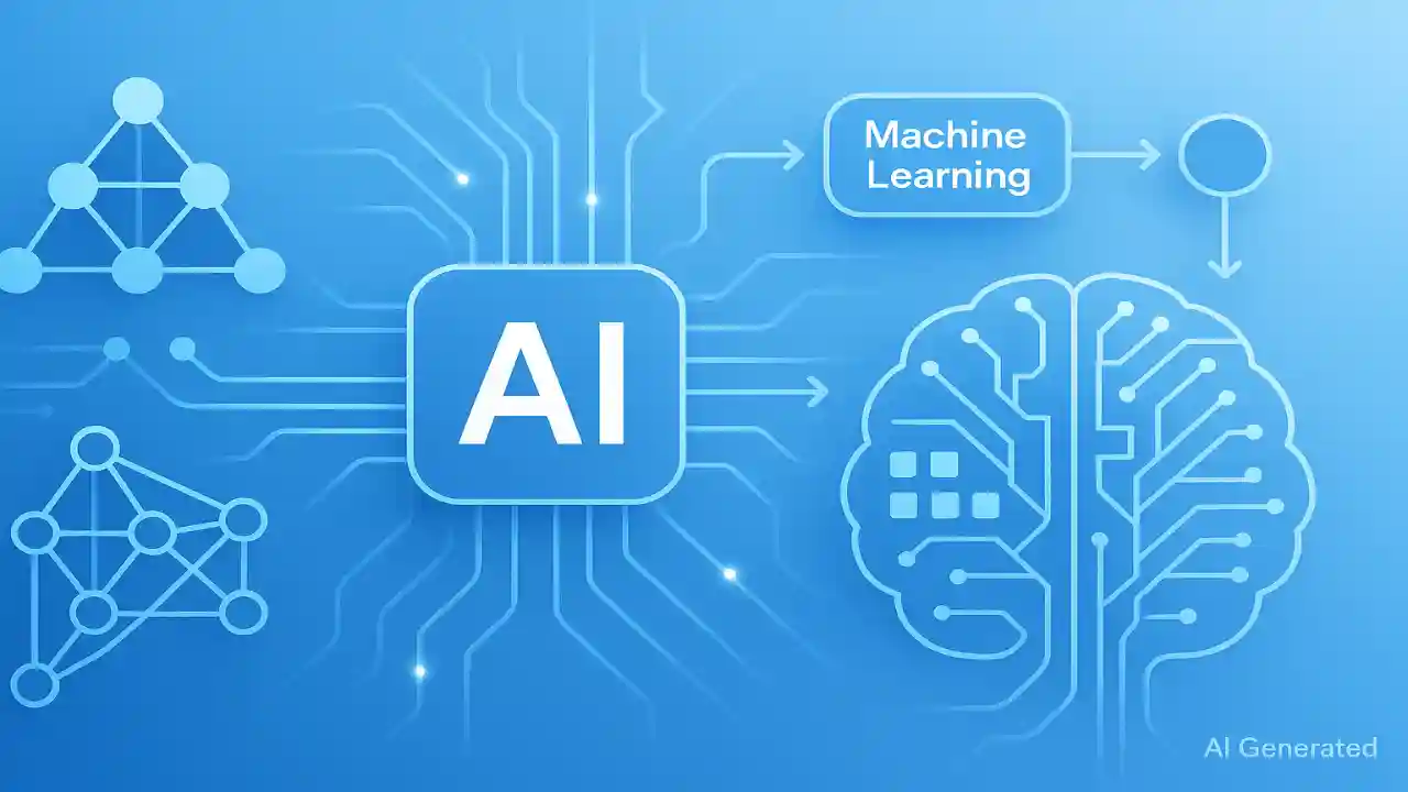 How does AI technology work - simple illustration showing AI, machine learning, neural networks, and real-life applications in an easy-to-understand style