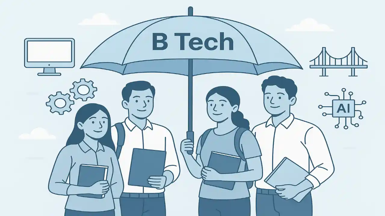 Visual representation of BTech courses and engineering branches in India.