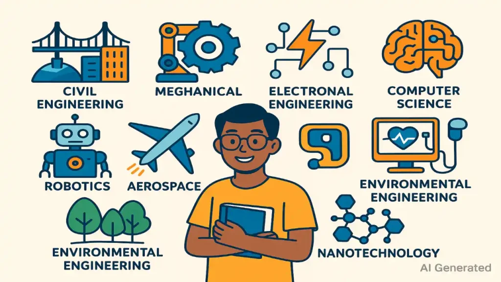 Illustration showing different types of engineering courses in 2025 including Civil, Mechanical, Electrical, Computer Science, Robotics, Aerospace, Biomedical, Environmental, and Nanotechnology with bright icons and modern education theme.