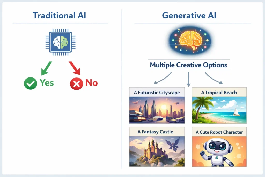 Traditional AI vs generative AI decision making approach