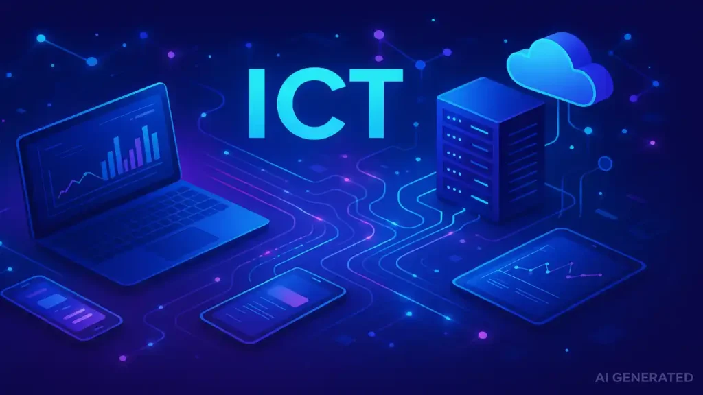 "Illustration of Information Communication Technology (ICT) showing interconnected devices like laptops, smartphones, tablets, servers, and cloud icons with data streams, glowing network nodes, and futuristic digital interface elements.