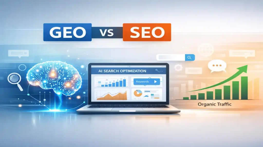 GEO vs SEO showing how AI search optimization tools increase organic traffic